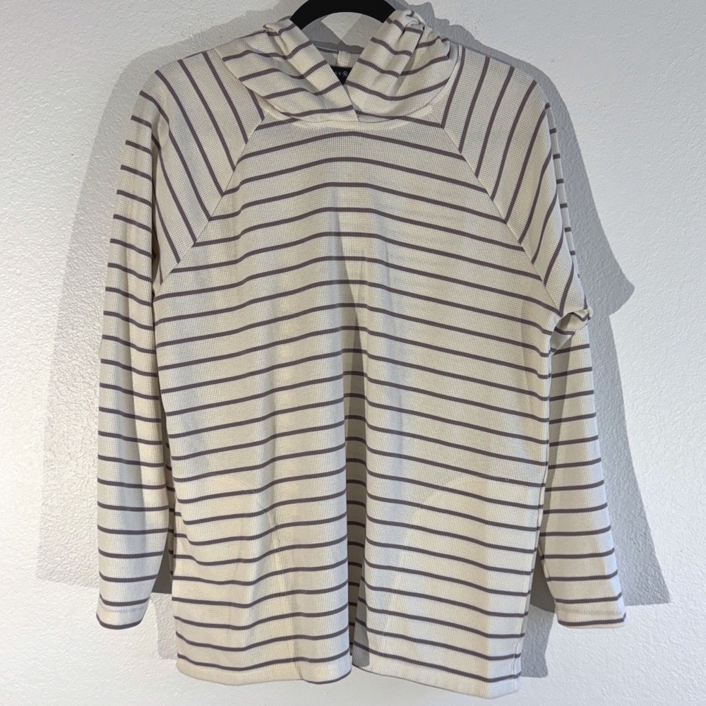 Max & Mia Womens Striped Waffle Knit Hoodie Cream Purple Thermal Top Large‎